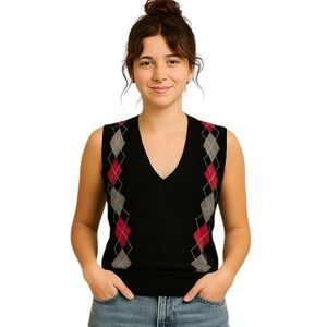 CAbi Small 100% Lambswool Vneck Sweater Vest Argyle Preppy Streetwear